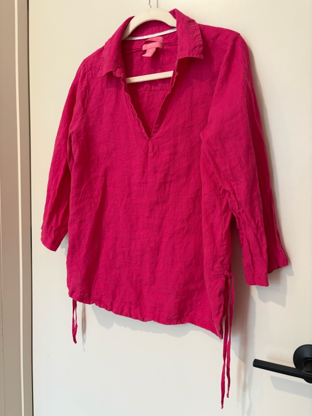 Isaac Mizrahi 100% Linen Fuchsia Pink V-Neck Collared Shirt Summer M - Picture 10 of 11
